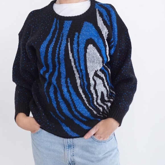 Vintage Ellen-D Kollection Black Blue Silver Knit Shimmer Abstract Sweater S - Picture 1 of 10